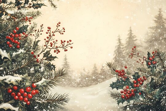 Vintage Victorian Christmas greeting card with holly leaves, red berries, snowy pine branches, and a winter forest scene in soft beige tones