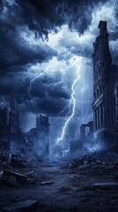 Dramatic Storm Over Abandoned City Ruins with Lightning Strikes Illuminating Dark Skies and Desolate Landscape, Evoking a Sense of Mystery and Despair