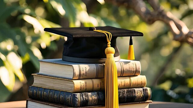 Graduation Cap on Stack of Books with Natural Outdoor Background


