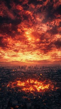 Dramatic Urban Landscape with Fiery Sunset and Smoke Over City Skyline Creating a Stunning Apocalyptic Atmosphere Reflecting Global Warming and Environmental Crisis