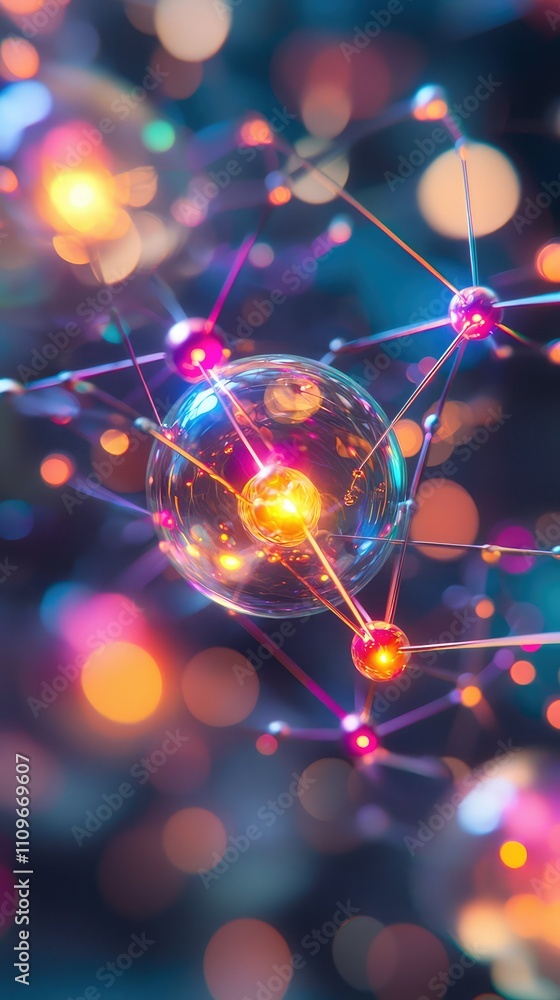 Poster abstract representation of interconnected molecules and atoms displaying vibrant colors and glowing 