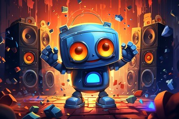 Robot DJ spins vibrant beats in a lively dance party atmosphere. Generative AI