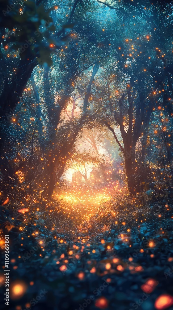 Poster enchanted forest with glowing fireflies illuminating a pathway through lush trees and vibrant foliag