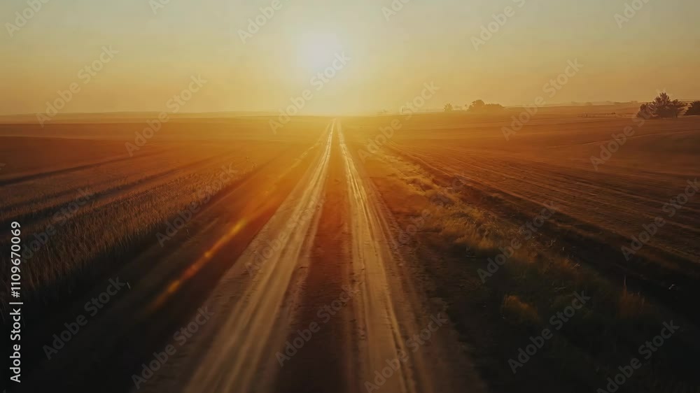 Poster serene sunset over dusty roads in vast open fields