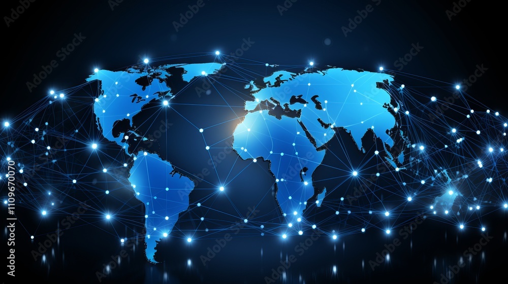Poster global connections represented in a luminous blue world map with network lines. generative ai
