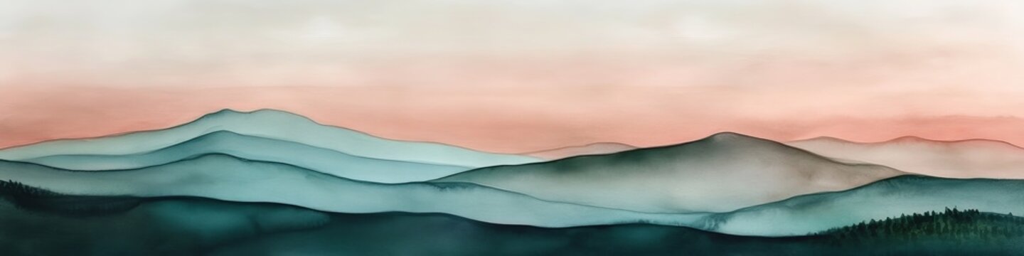 Soft pastel-colored mountain landscape with layers of hills and misty valleys at dawn, perfect for cover banner or header
