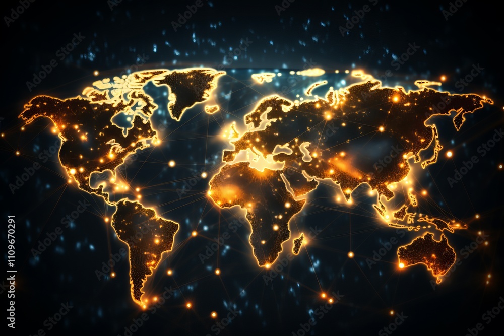 Poster illuminated world map showcasing global connections through bright networks. generative ai