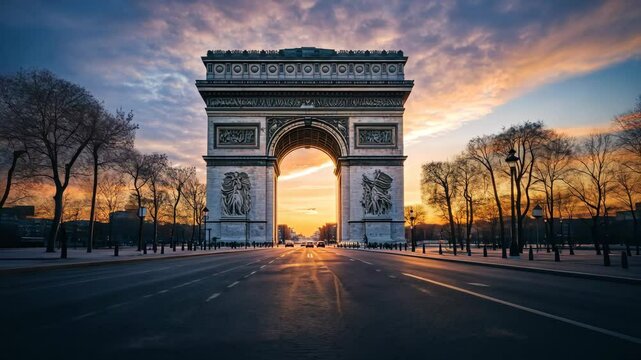 Captivating sunrise at the Arc de Triomphe in Paris revealing stunning colors and serene atmosphere