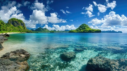 Fototapeta premium Serene Tropical Landscape with Crystal Clear Waters, Lush Green Hills, and Dramatic Cloudy Sky Over Stunning Island and Rocky Shoreline