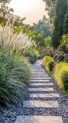 Tranquil Garden Pathway Surrounded by Lush Greenery and Graceful Flowers in a Serene Landscape at Sunset