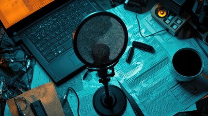 Dynamic Workspace with Microphone and Laptop Surrounded by Papers, Coffee Cup, and Office Supplies Highlighting Creativity and Digital Communication