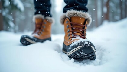 A close-up shot of a pair of leather winter boots stepping on fresh snow.
