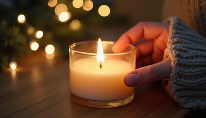 A close-up of a lit candle in a frosted glass holder placed on a wooden surface.