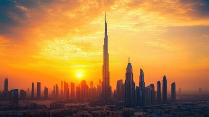 Fototapeta premium Majestic sunset view over a vibrant city skyline featuring tall skyscrapers under a colorful sky with clouds, highlighting architectural wonders and urban beauty