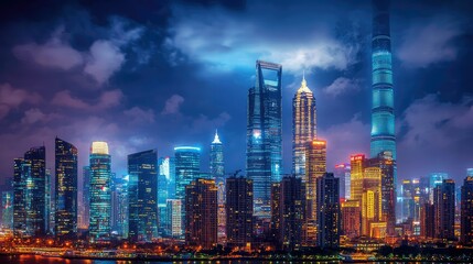 Vibrant Cityscape at Night Showcasing Modern Skyscrapers and Illuminated Buildings Against a Dramatic Cloudy Skyline with Blue and Orange Hues