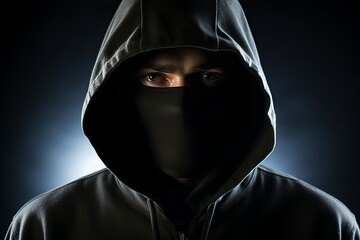 Mysterious figure in dark attire with intense gaze captured in low light. Generative AI