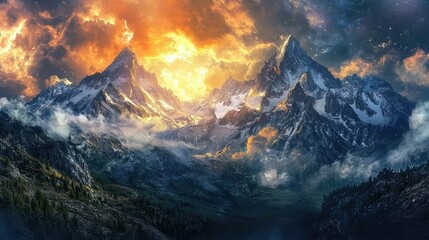 Obraz premium Majestic Mountain Landscape with Dramatic Sunrise, Vibrant Colors, and Misty Atmosphere, Ideal for Nature Lovers and Outdoor Enthusiasts Seeking Adventure