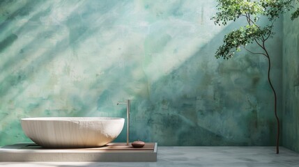Minimalist outdoor bathroom with a freestanding tub and tree