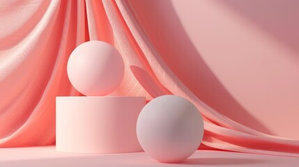 Minimalist pastel setup with geometric shapes and draped fabric