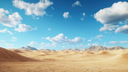 Naklejka premium Vast Stretch of Golden Desert with Distant Mountains Under a Bright Blue Sky Filled with Soft, Fluffy Clouds Creating a Breathtaking Natural Landscape