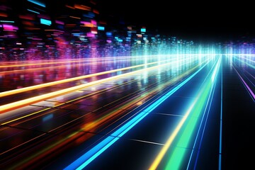 Obraz premium Colorful light trails create a vivid digital landscape at night. Generative AI