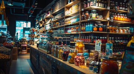 Rustic store shelves with jars and natural products on display