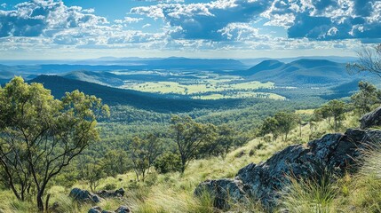 Breathtaking Scenic View of Lush Green Valleys and Mountains Under a Vibrant Sky with Fluffy Clouds in the Distance, Perfect for Nature Lovers and Outdoor Enthusiasts