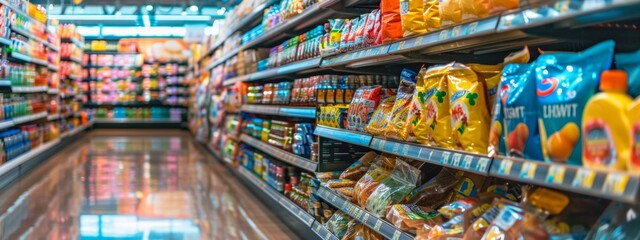 Bright supermarket aisle with colorful packaged products