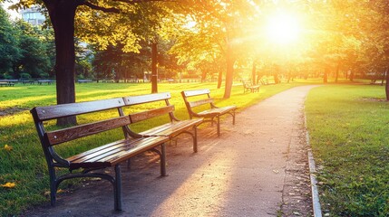 Serene Park Scene with Sunlight Glowing Through Trees Over Benches Along a Peaceful Pathway for Relaxation and Reflection in Nature's Embrace