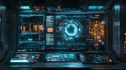 Fototapeta premium A high-tech wall of screens displaying illuminated blue and orange holographic data in a sci-fi setting.