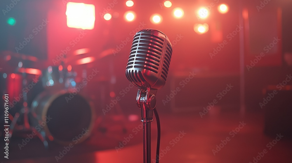 Poster vintage microphone on stage with drum set and soft lights in the background, ideal for music or perf