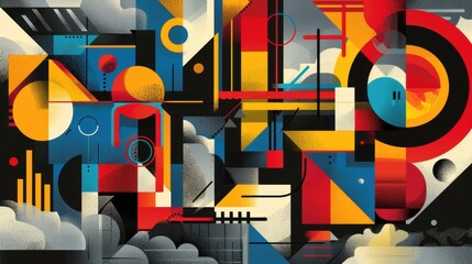 Abstract geometric artwork featuring vibrant colors and shapes.