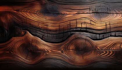 Naklejka premium Close-up macro shot of textured, brown burned wooden surface with visible grain patterns, perfect for natural design backgrounds