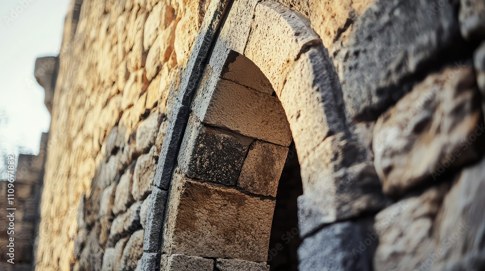 Poster close-up view of ancient stone archway with textured surface and sunlight casting shadows on histori