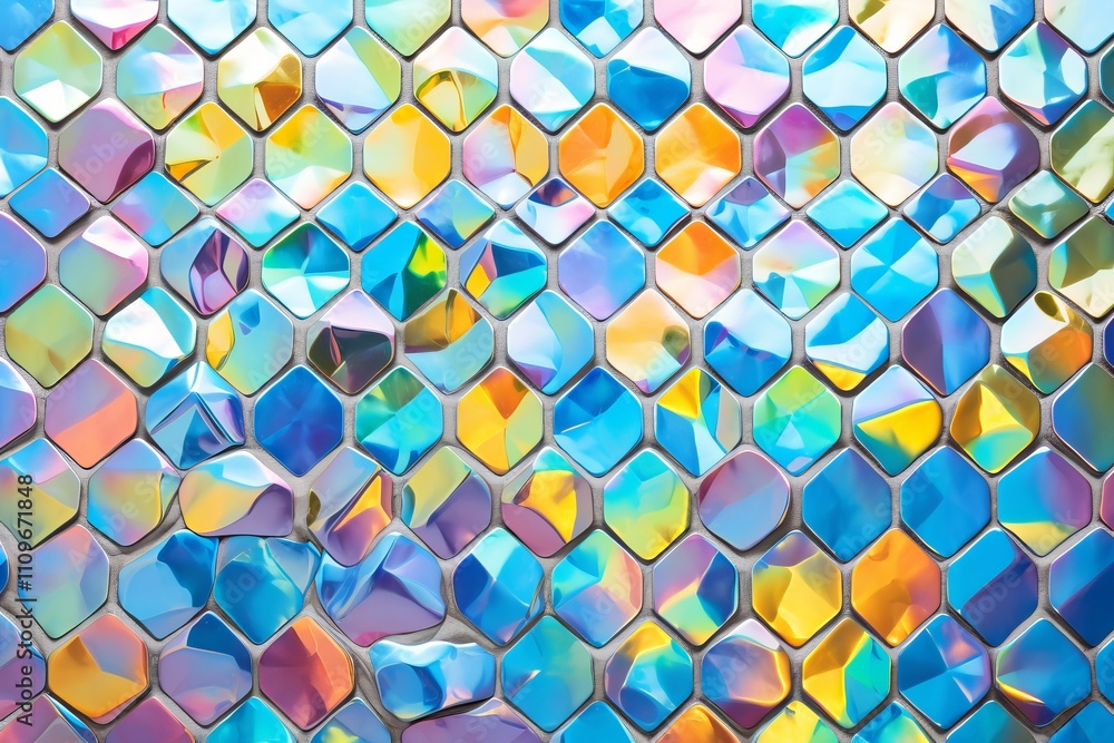 Poster brightly colored hexagonal tiles create a shimmering mosaic of reflections. generative ai