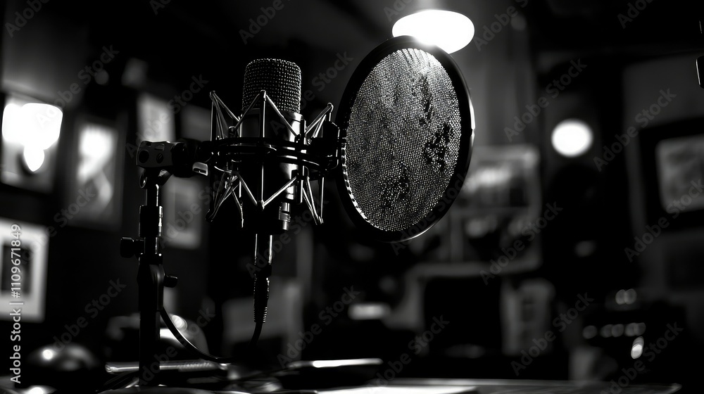 Poster close-up of a professional microphone with pop filter in a studio setting, capturing the essence of 