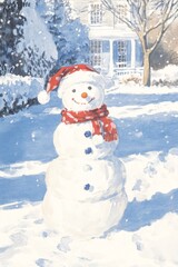 Fototapeta premium Cheerful snowman with Santa hat and scarf in snowy yard. Winter holiday scene with white house. Christmas decoration for greeting cards, invitations, and festive designs.