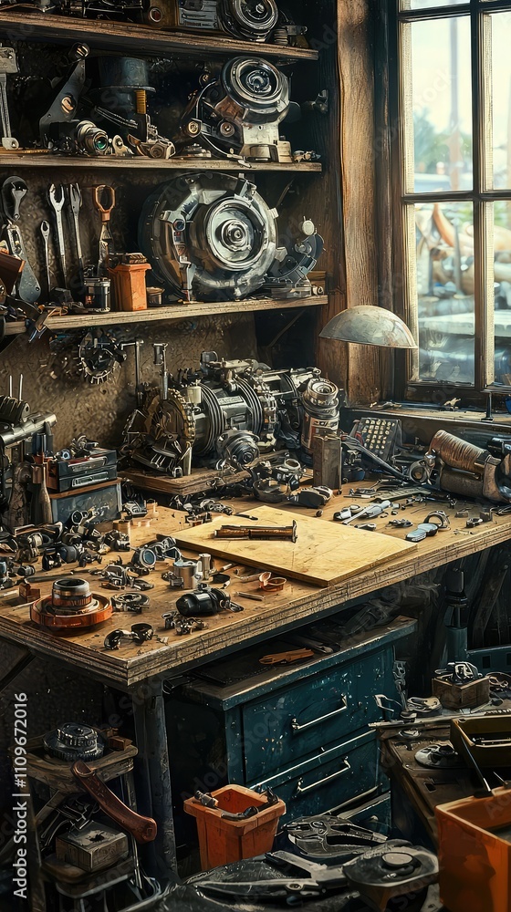Poster cozy workshop with tools and parts spread out on a table surrounded by old machinery and a bright wi