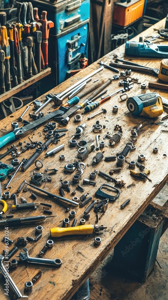 Poster a busy workspace filled with various hand tools and parts on a wooden table with a rustic atmosphere