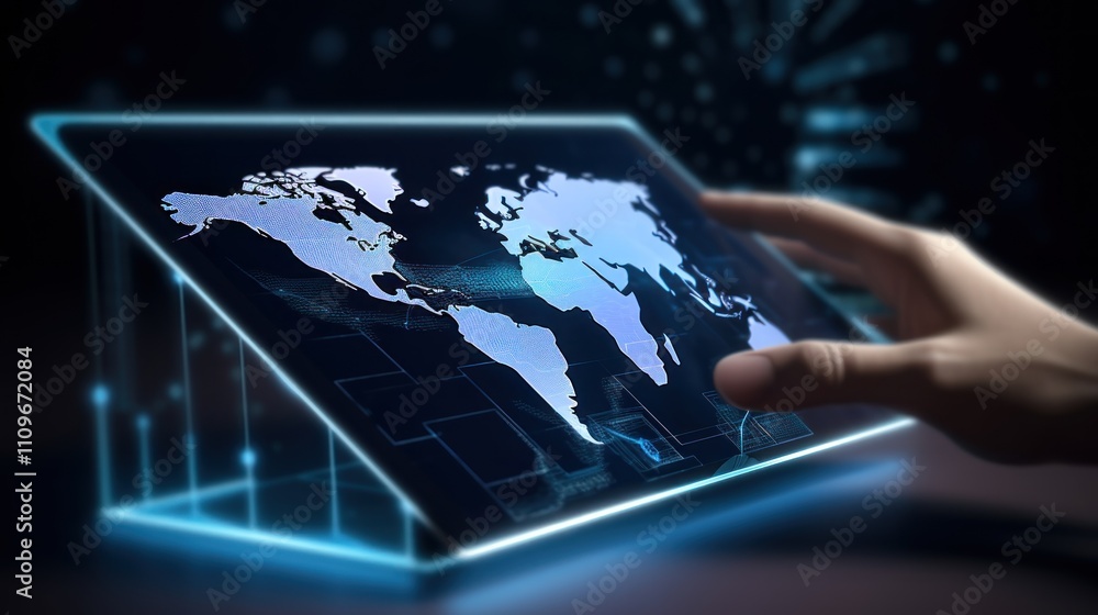 Poster global network visualization: a futuristic hand interacts with a holographic world map on a sleek de