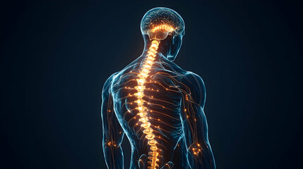 A glowing human body highlighting the spinal cord with illuminated neural pathways, emphasizing connectivity.