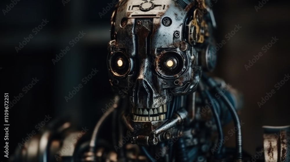 Poster rusty terminator: a close-up of a futuristic, grungy robot