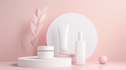 Minimalist skincare products in soft pink setting