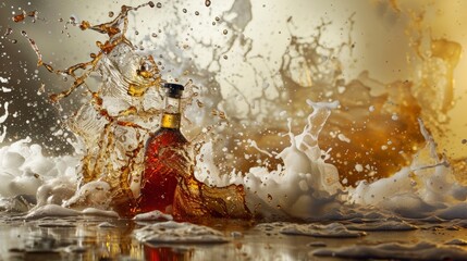 Dynamic splash of liquid around a glass bottle
