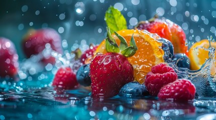 Fresh fruits splashing into water with droplets