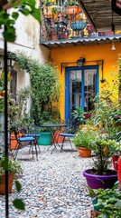 Obraz premium Charming Colorful Courtyard with Lush Plants, Vibrant Pots, and Quaint Tables Surrounded by Beautiful Architecture in a Sunlit Urban Oasis