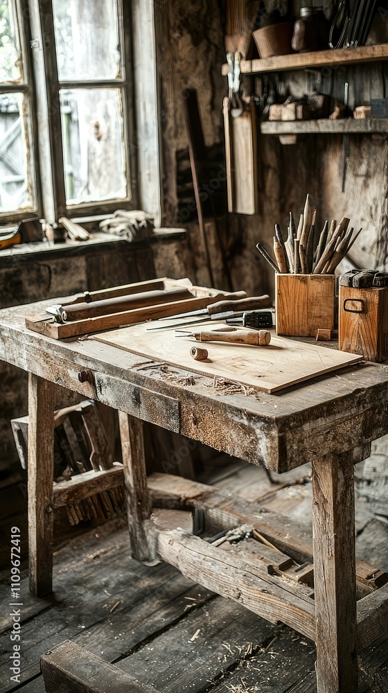 Poster rustic woodworking workshop with tools and a workbench in a cozy setting, capturing the craftsmanshi