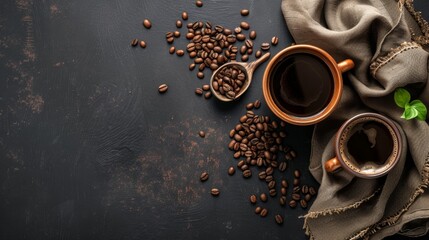 Rustic coffee setup with cups and beans on a dark background