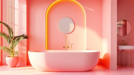 Fototapeta premium Modern pink bathroom with stylish tub and soft lighting