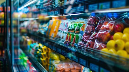 Fototapeta premium Supermarket aisle with colorful products in a bright setting